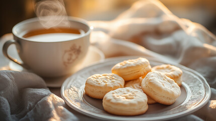  Biscuit and Tea Time: A close-up of a plate of assorted biscuits served with a steaming cup of tea, styled on an elegant tablecloth with warm, inviting lighting