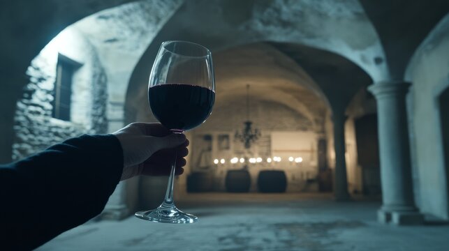 Close-up of hand swirling red wine glass to enhance aeration and release aromas, showcasing wine tasting technique with blurred wine cellar background highlighting luxury and craftsmanship