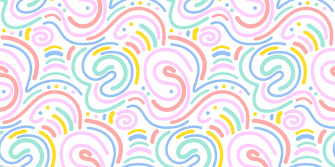 Colorful line curves doodle seamless pattern. Squiggle, minimalist style pastel color art background design. Vector illustration