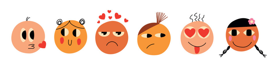 Love doodle face set. Round abstract comic faces with various emotions. Different colorful characters. Flat design. Groovy lovely funny faces stickers. Love concept. Happy Valentines day. Vector.