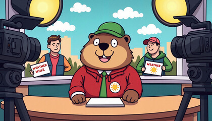 Cartoon groundhog delivering weather report in studio setting