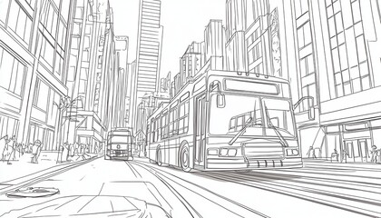 A sketch-style illustration of city buses driving down a street lined with tall buildings. Ideal for coloring books or urban design projects.