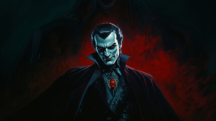 A noble vampire clad in elegant, dark attire with a sinister smile and glowing red amulet illustration, dark fantasy, 1970s
