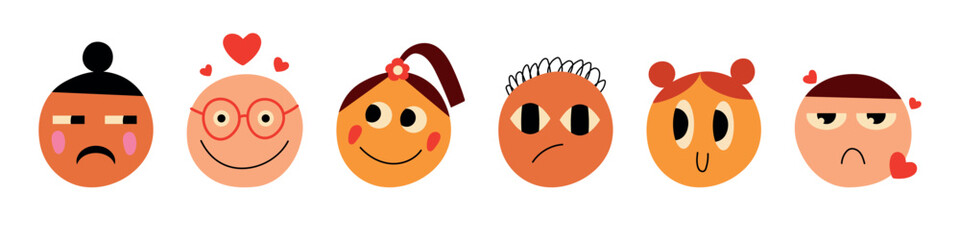 Love doodle face set. Round abstract comic faces with various emotions. Different colorful characters. Flat design. Groovy lovely funny faces stickers. Love concept. Happy Valentines day. Vector.