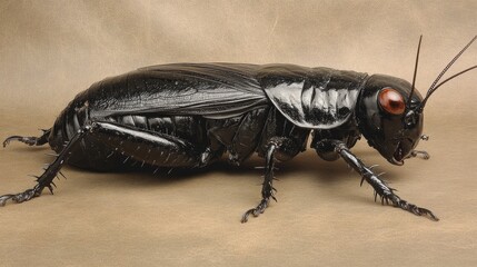 A large black cricket with spiky legs and antennae. Useful for biology lessons or as reference material for artists.