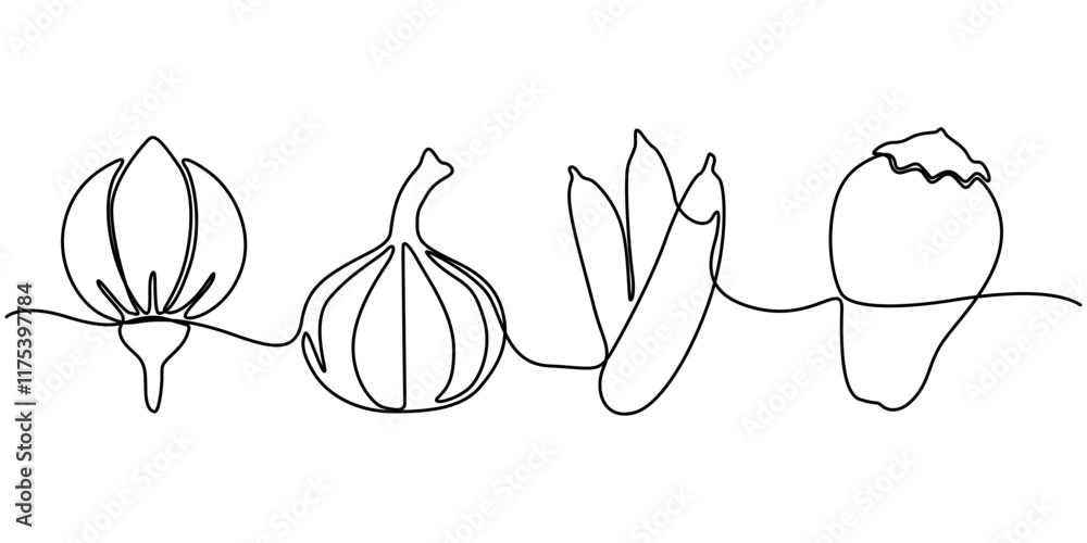 Poster continuous one line drawing of set of vegetables. one line drawing illustration of set of ripe veget