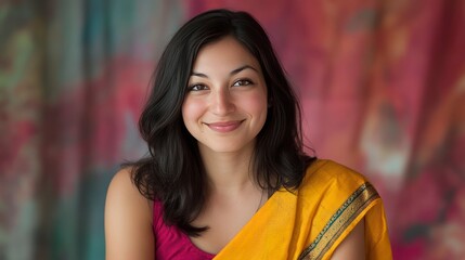 Naklejka premium Portrait of Young Indian woman. Woman celebrating Holi feast in sari