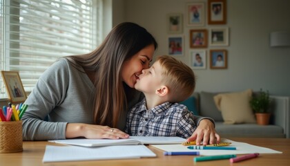 Fototapeta premium A loving mother and her young son share a tender kiss while engaged in a creative activity at a cozy table. The warm atmosphere is enhanced by soft natural light streaming through the window