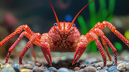 A vibrant red squat lobster with white polka dots stands on a rocky seabed. Perfect for aquatic or marine life-themed projects.