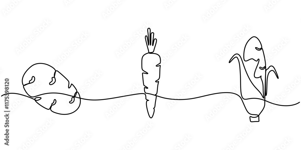 Poster continuous one line drawing of set of vegetables. one line drawing illustration of set of ripe veget