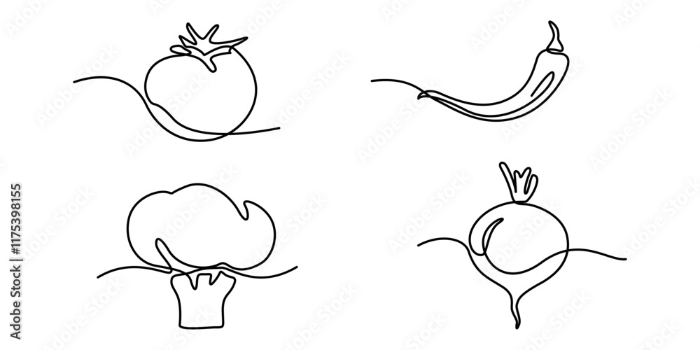 Poster continuous one line drawing of set of vegetables. one line drawing illustration of set of ripe veget