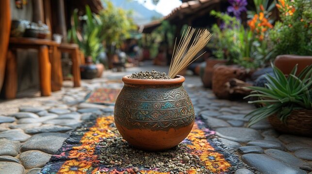 Yerba mate experience in a rustic outdoor setting featuring a clay pot and bombilla straw, inviting relaxation and cultural connection