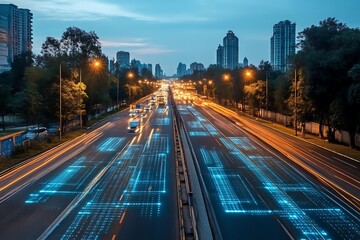 Smart city highway at night with digital data flow.