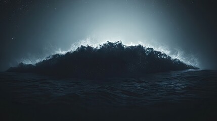 Dark ocean wave with white crest at night under starry sky. Ideal for dramatic backgrounds, album art, or book covers conveying mystery and power.