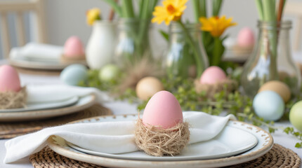 Pastel Easter eggs in nests on plates, surrounded by spring flowers and greenery on a bright, cheerful table setting. Sustainable, zero waste Easter decor. DIY gifts for Easter