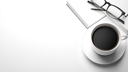 A minimalist flat lay featuring a cup of coffee, glasses, and a book on a pristine white background. Ideal for lifestyle, education, or relaxation-themed visuals.