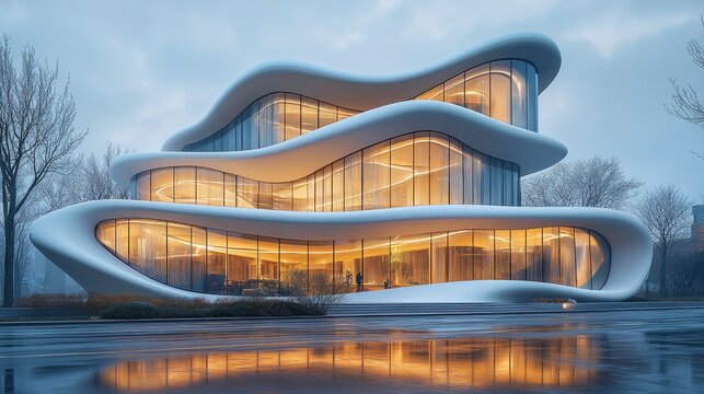 Parametric architecture office building with undulating metal facade, dramatic night lighting