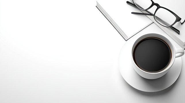 A minimalist flat lay featuring a cup of coffee, glasses, and a book on a pristine white background. Ideal for lifestyle, education, or relaxation-themed visuals.