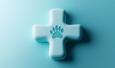 Obraz premium A light blue medical cross with a paw print, symbolizing pet care or veterinary services, set against a textured background.