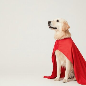 A dog dressed as a superhero with a cape, blank space for captions, heroic pet meme, bold