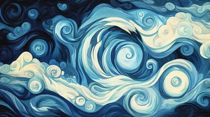 Abstract swirling blue and white waves pattern art