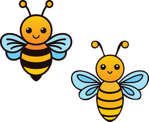 Adorable Cartoon Bees in Kawaii Style with Cheerful Designs and Minimalist Vector Illustration