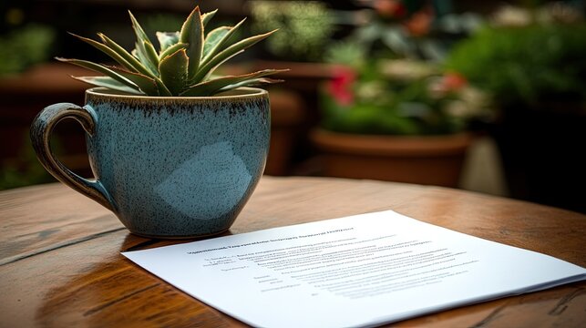 A feedback form rests on a table beside a potted succulent. This setup suggests a cafe or restaurant gathering customer feedback or employee evaluations.