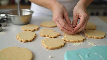 Close-up of hands decorating flower-shaped cookies on a white table in a kitchen. Concept of baking and homemade treats preparation