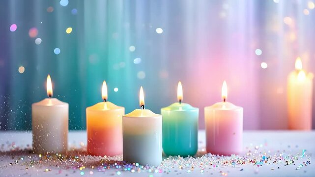 A row of five candles with different colors and sizes, lit up and placed on a table. The candles are arranged in a way that creates a sense of harmony and balance