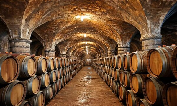Rows of oak barrels in an ancient stone wine cellar, aging wine, a scene of winemaking tradition and heritage.