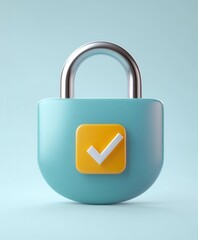 A modern, turquoise padlock with a yellow checkmark symbol, representing security and trust in a minimalist design.