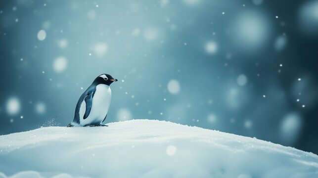A penguin sliding down an icy slope on a frosty blue background with snow