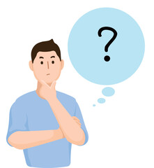 Cartoon people character design banner template question marks with young Asian man in a thoughtful pose