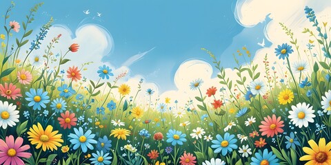 Obraz premium Children's book flat lay illustration with a blooming flowers field. Spring meadow with wildflowers. Panoramic flat banner with summer nature landscape with copy space. Concept design for kids room