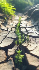 A dried riverbed with green plants beginning to grow in its cracks, symbolizing natures resilience, detailed and hopeful