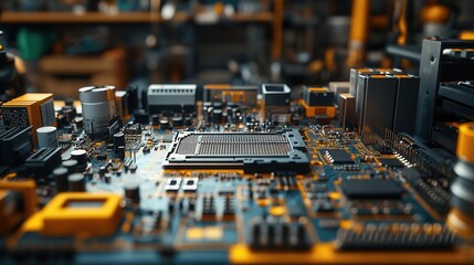 Tech workbench with computer motherboard, soldering iron, digital thermometer, showcasing electronic assembly and repair tools