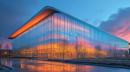 Obraz premium Modern sports facility with translucent facade glowing at dusk