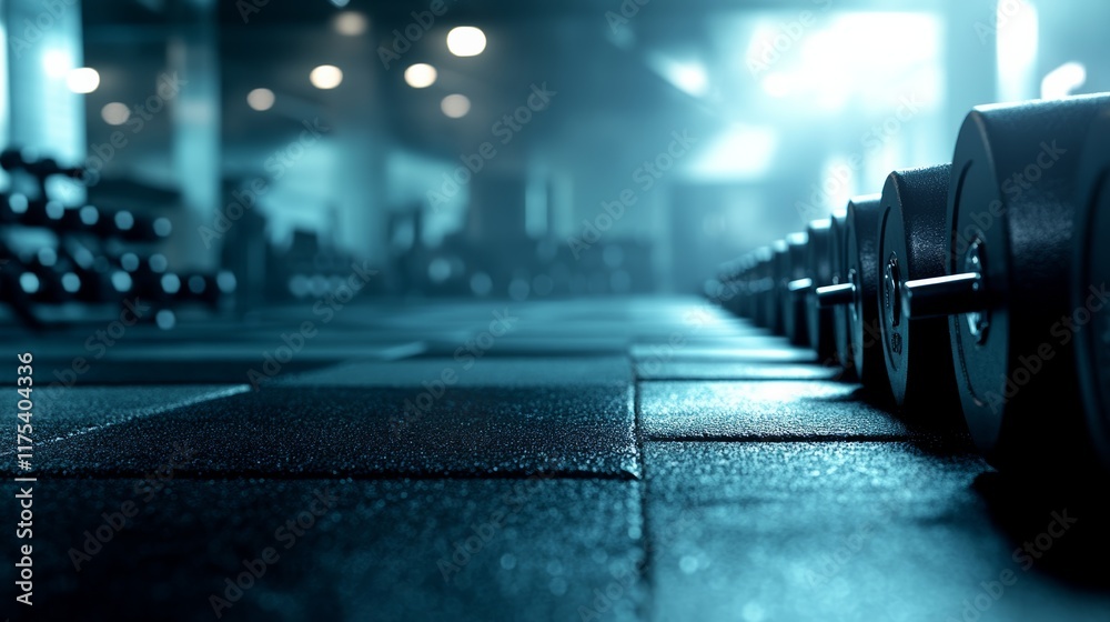 Aufkleber Heavy dumbbells are neatly arranged in a row on the gym floor, creating a powerful and motivating sport background with blurred gym equipment in the distance