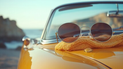 Convertible car interior, vibrant scarf, stylish sunglasses resting on passenger seat, inviting summer road trip ambiance