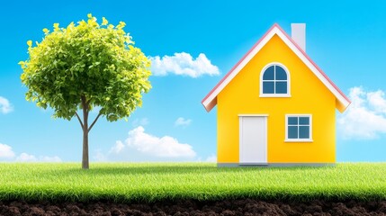 Fototapeta premium Yellow House and Green Tree - Home, nature, growth, spring, new beginnings. Represents a fresh start, eco-friendly living, and family.