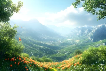 Gardinen Idyllic mountain landscape with lush green valleys, orange blossoms, and butterflies fluttering under a bright blue sky © Nataliia