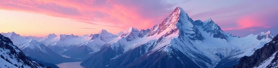 Fototapeta premium Soft pink hues gently unfold over the glacier-covered Bernina Massif at sunrise, landscape, swiss, massif
