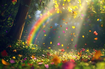A rainbow appears in the forest, colorful petals fall from the trees to the ground, magical light shines through the foliage and illuminates a small path covered in moss