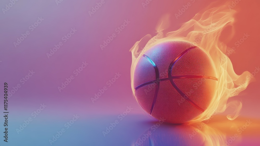 Poster realistic basketball burning in flames, against a vibrant gradient background, creating a powerful v