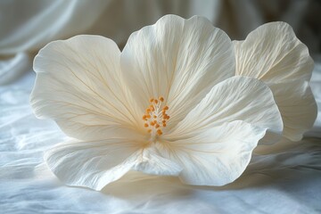 Obraz premium delicate white flower gracefully placed on a soft white background showcasing intricate petals and textures evoking purity and simplicity in a minimalist aesthetic