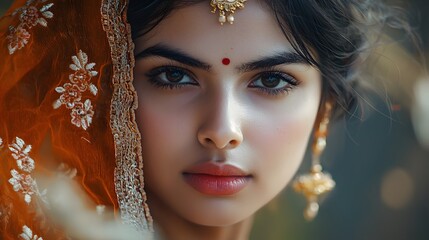 Happy Undhiyu celebration with woman portrait in classic attire in outdoor scene. India's festivit