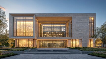 Modern courthouse with dignified stone facade and glass atrium