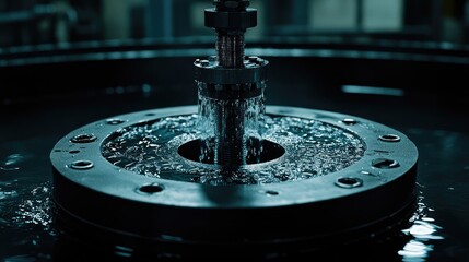 Close-up of industrial machinery part submerged in liquid undergoing a process. Suggests precision engineering and fluid dynamics applications.