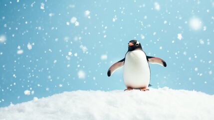 Fototapeta premium A penguin standing under falling snowflakes on a winter sky blue background