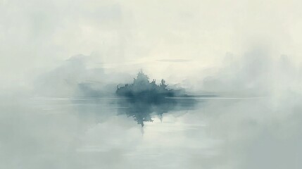 Fototapeta na wymiar Misty Lake Island: A Serene Watercolor Landscape